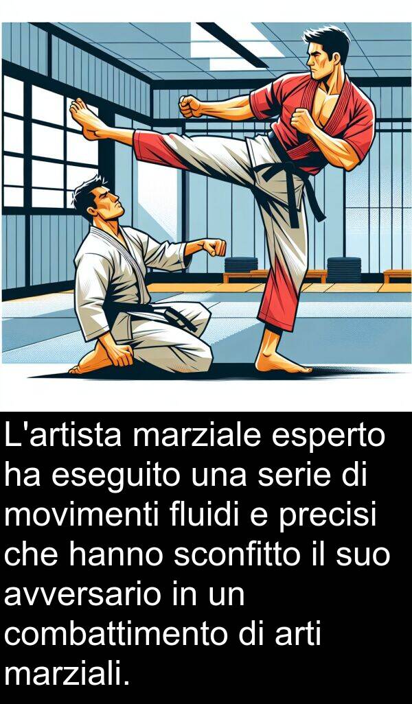 combattimento: L'artista marziale esperto ha eseguito una serie di movimenti fluidi e precisi che hanno sconfitto il suo avversario in un combattimento di arti marziali.