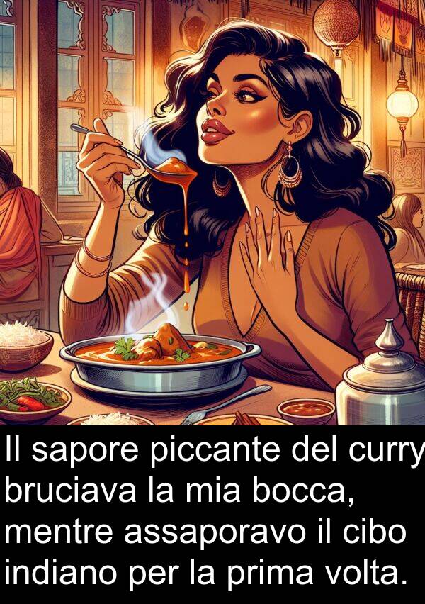 bruciava: Il sapore piccante del curry bruciava la mia bocca, mentre assaporavo il cibo indiano per la prima volta.