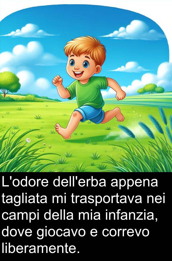 appena: L'odore dell'erba appena tagliata mi trasportava nei campi della mia infanzia, dove giocavo e correvo liberamente.