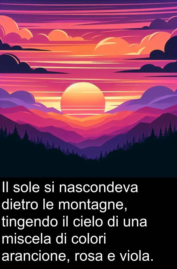 colori: Il sole si nascondeva dietro le montagne, tingendo il cielo di una miscela di colori arancione, rosa e viola.