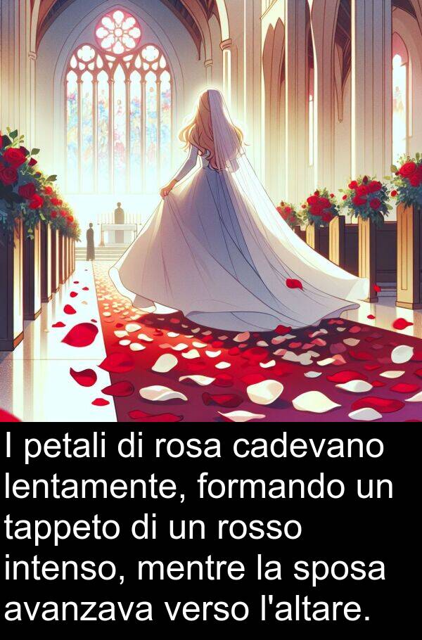 rosso: I petali di rosa cadevano lentamente, formando un tappeto di un rosso intenso, mentre la sposa avanzava verso l'altare.