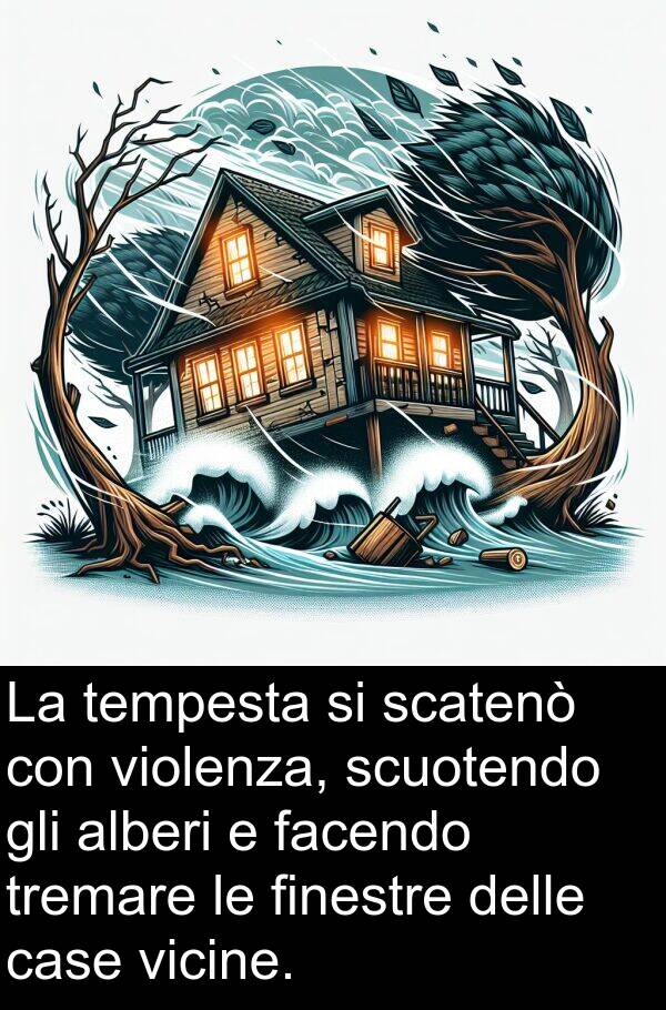 facendo: La tempesta si scatenò con violenza, scuotendo gli alberi e facendo tremare le finestre delle case vicine.