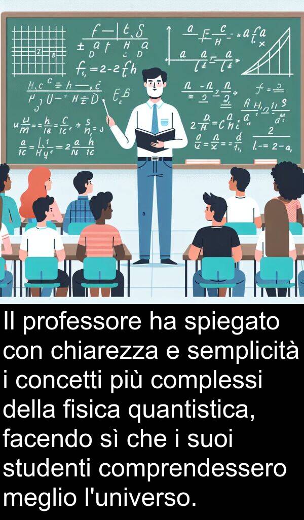 facendo: Il professore ha spiegato con chiarezza e semplicità i concetti più complessi della fisica quantistica, facendo sì che i suoi studenti comprendessero meglio l'universo.