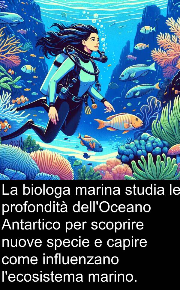 biologa: La biologa marina studia le profondità dell'Oceano Antartico per scoprire nuove specie e capire come influenzano l'ecosistema marino.