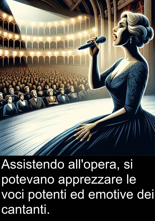 apprezzare: Assistendo all'opera, si potevano apprezzare le voci potenti ed emotive dei cantanti.