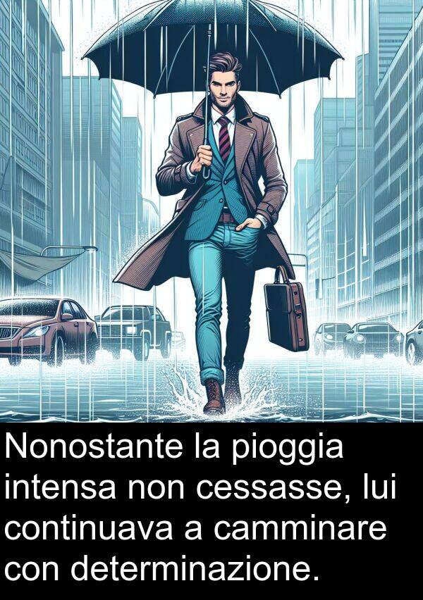 camminare: Nonostante la pioggia intensa non cessasse, lui continuava a camminare con determinazione.