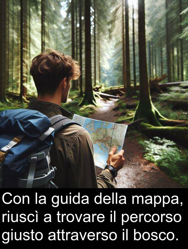 attraverso: Con la guida della mappa, riuscì a trovare il percorso giusto attraverso il bosco.