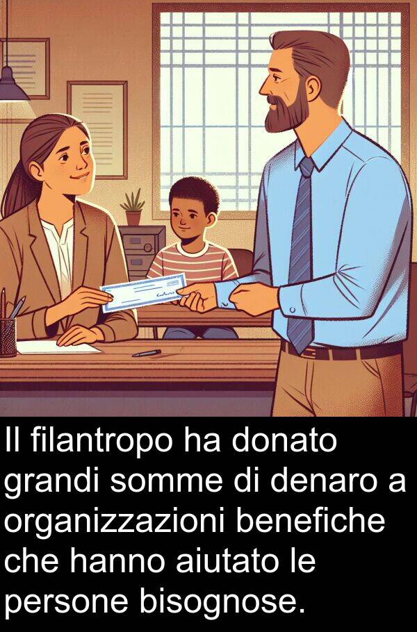 grandi: Il filantropo ha donato grandi somme di denaro a organizzazioni benefiche che hanno aiutato le persone bisognose.