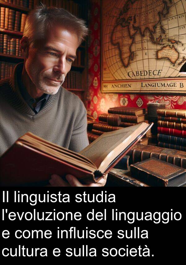 studia: Il linguista studia l'evoluzione del linguaggio e come influisce sulla cultura e sulla società.