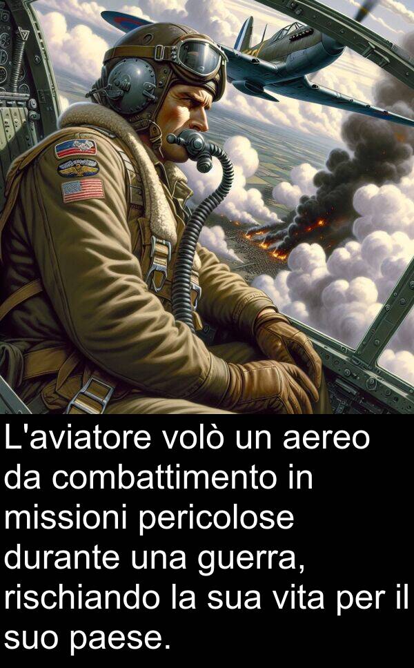 combattimento: L'aviatore volò un aereo da combattimento in missioni pericolose durante una guerra, rischiando la sua vita per il suo paese.