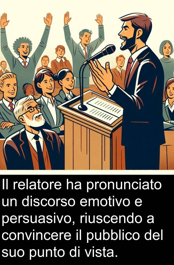 riuscendo: Il relatore ha pronunciato un discorso emotivo e persuasivo, riuscendo a convincere il pubblico del suo punto di vista.
