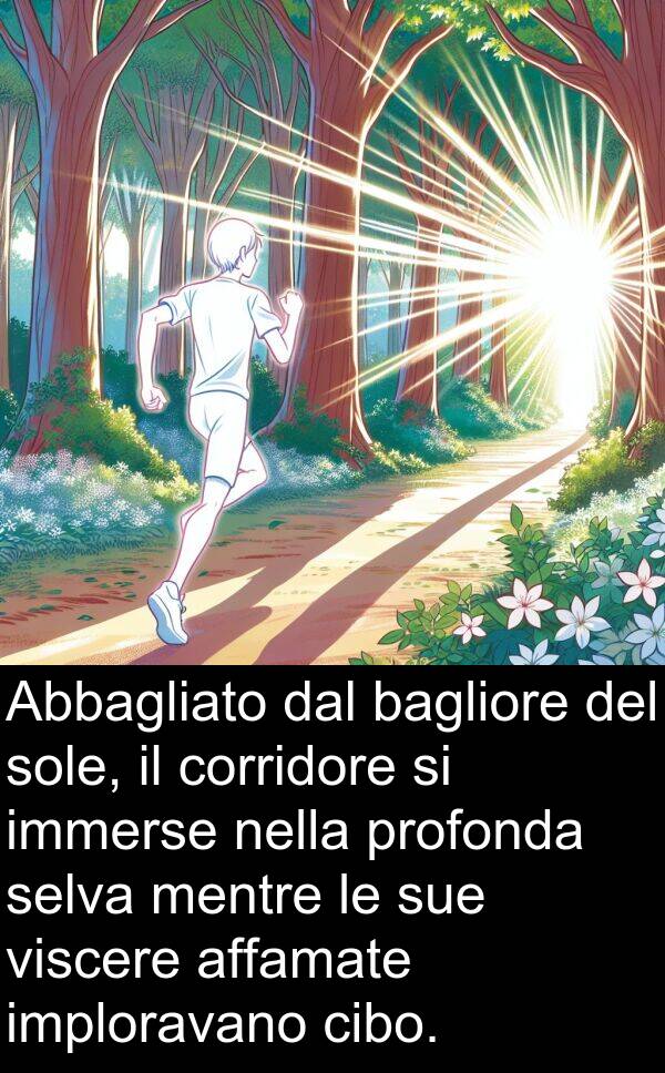 bagliore: Abbagliato dal bagliore del sole, il corridore si immerse nella profonda selva mentre le sue viscere affamate imploravano cibo.