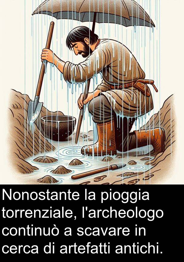 artefatti: Nonostante la pioggia torrenziale, l'archeologo continuò a scavare in cerca di artefatti antichi.