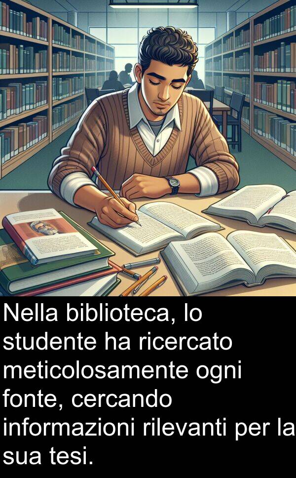 rilevanti: Nella biblioteca, lo studente ha ricercato meticolosamente ogni fonte, cercando informazioni rilevanti per la sua tesi.