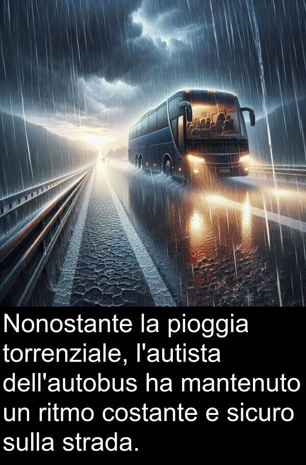 strada: Nonostante la pioggia torrenziale, l'autista dell'autobus ha mantenuto un ritmo costante e sicuro sulla strada.