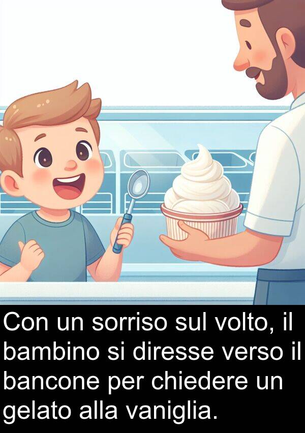 vaniglia: Con un sorriso sul volto, il bambino si diresse verso il bancone per chiedere un gelato alla vaniglia.