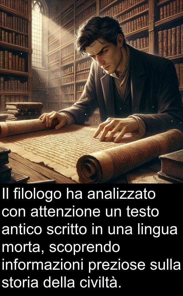 filologo: Il filologo ha analizzato con attenzione un testo antico scritto in una lingua morta, scoprendo informazioni preziose sulla storia della civiltà.