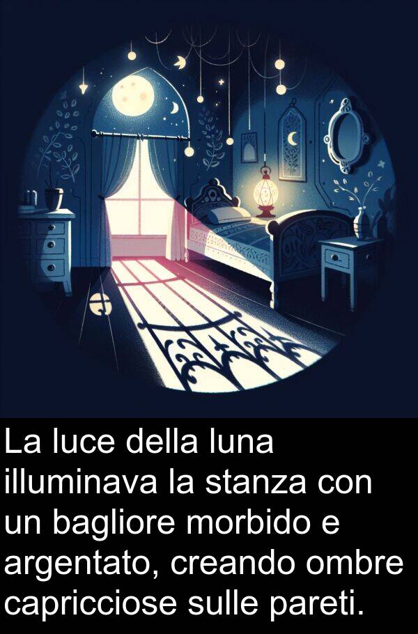 bagliore: La luce della luna illuminava la stanza con un bagliore morbido e argentato, creando ombre capricciose sulle pareti.