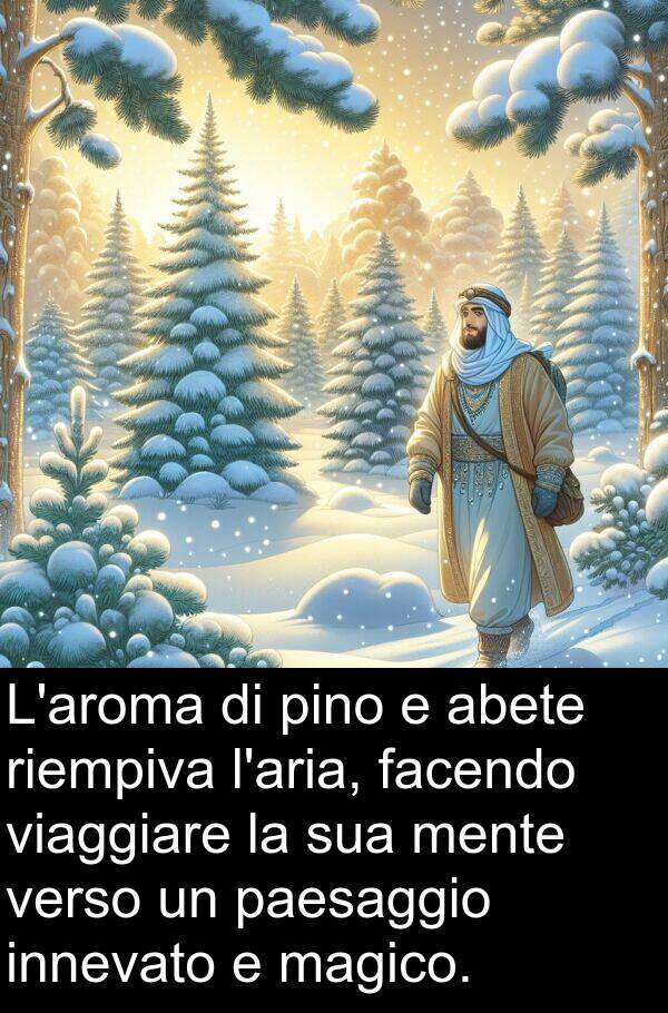 facendo: L'aroma di pino e abete riempiva l'aria, facendo viaggiare la sua mente verso un paesaggio innevato e magico.