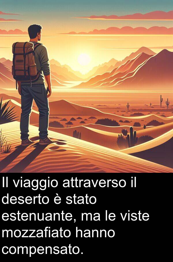 attraverso: Il viaggio attraverso il deserto è stato estenuante, ma le viste mozzafiato hanno compensato.