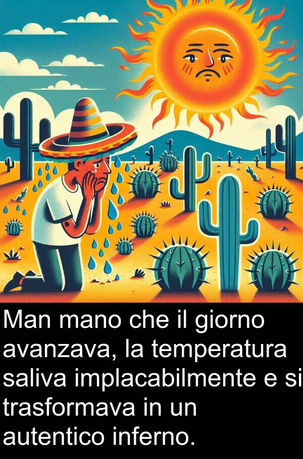 autentico: Man mano che il giorno avanzava, la temperatura saliva implacabilmente e si trasformava in un autentico inferno.