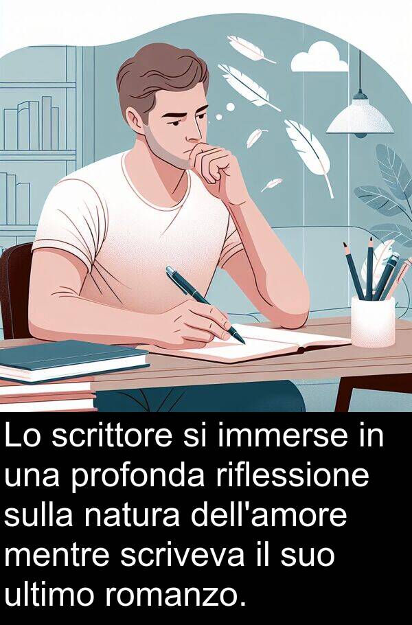 riflessione: Lo scrittore si immerse in una profonda riflessione sulla natura dell'amore mentre scriveva il suo ultimo romanzo.