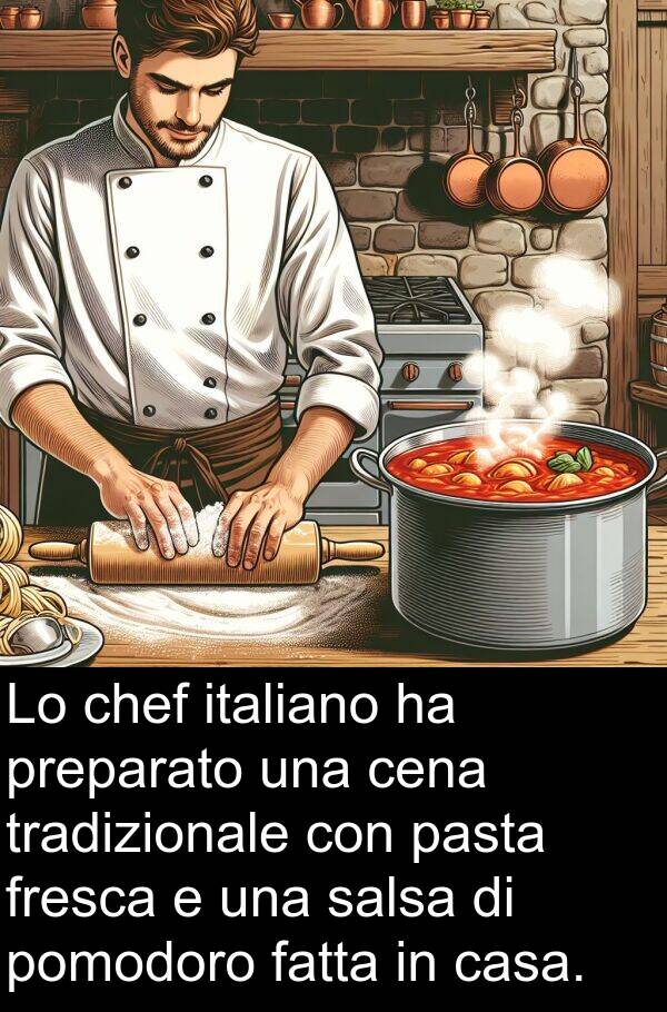 salsa: Lo chef italiano ha preparato una cena tradizionale con pasta fresca e una salsa di pomodoro fatta in casa.