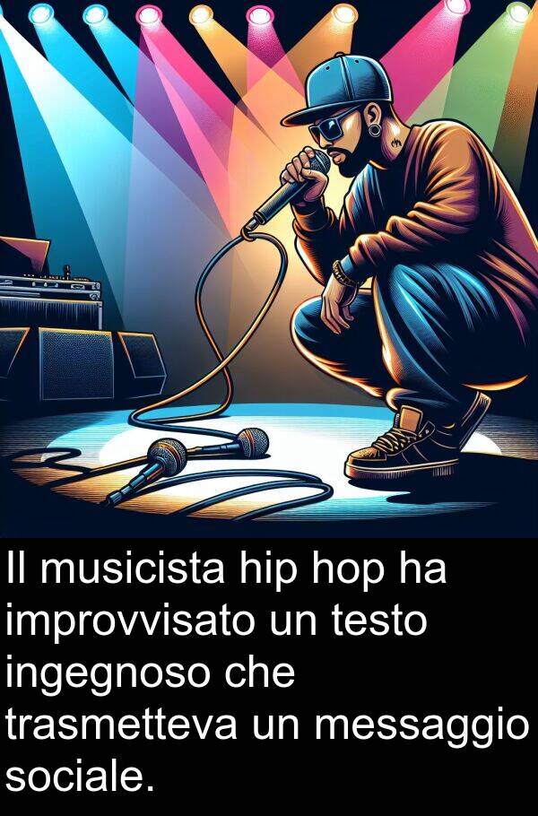 trasmetteva: Il musicista hip hop ha improvvisato un testo ingegnoso che trasmetteva un messaggio sociale.