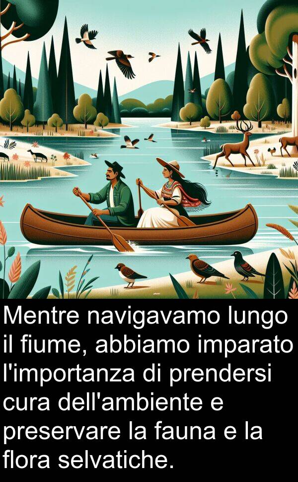 navigavamo: Mentre navigavamo lungo il fiume, abbiamo imparato l'importanza di prendersi cura dell'ambiente e preservare la fauna e la flora selvatiche.