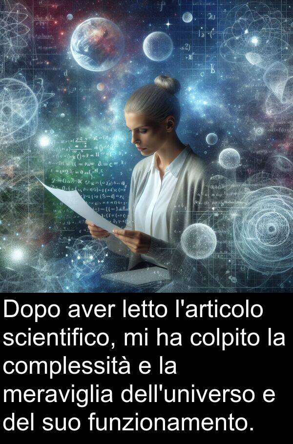 colpito: Dopo aver letto l'articolo scientifico, mi ha colpito la complessità e la meraviglia dell'universo e del suo funzionamento.