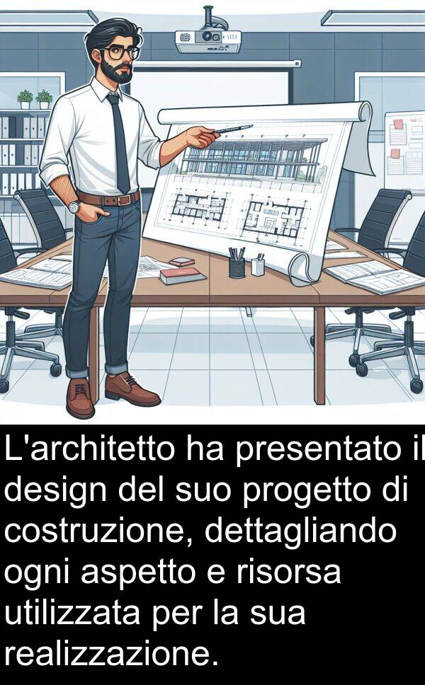 realizzazione: L'architetto ha presentato il design del suo progetto di costruzione, dettagliando ogni aspetto e risorsa utilizzata per la sua realizzazione.