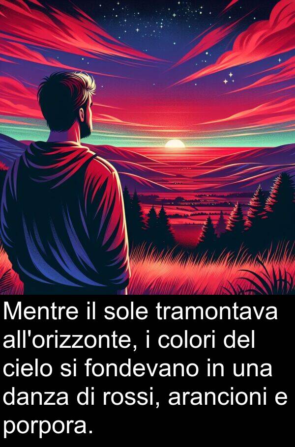 colori: Mentre il sole tramontava all'orizzonte, i colori del cielo si fondevano in una danza di rossi, arancioni e porpora.