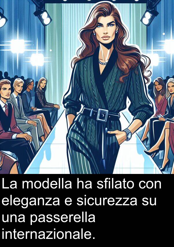 sicurezza: La modella ha sfilato con eleganza e sicurezza su una passerella internazionale.