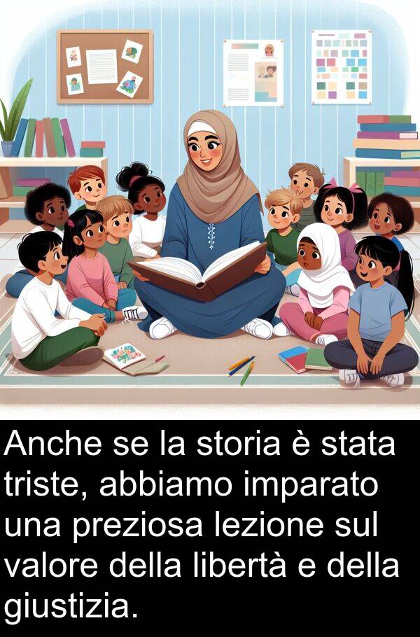 triste: Anche se la storia è stata triste, abbiamo imparato una preziosa lezione sul valore della libertà e della giustizia.