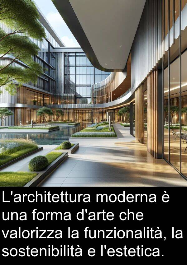 valorizza: L'architettura moderna è una forma d'arte che valorizza la funzionalità, la sostenibilità e l'estetica.