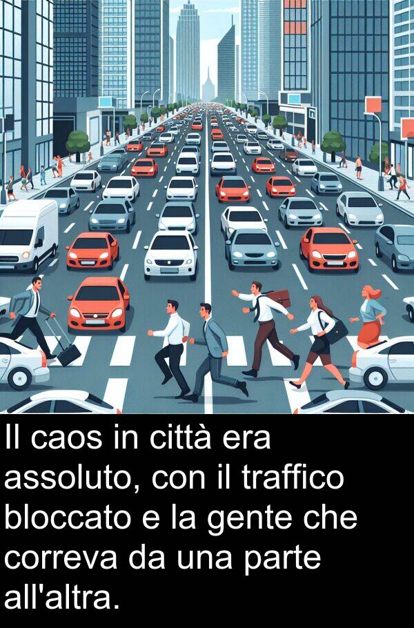 parte: Il caos in città era assoluto, con il traffico bloccato e la gente che correva da una parte all'altra.