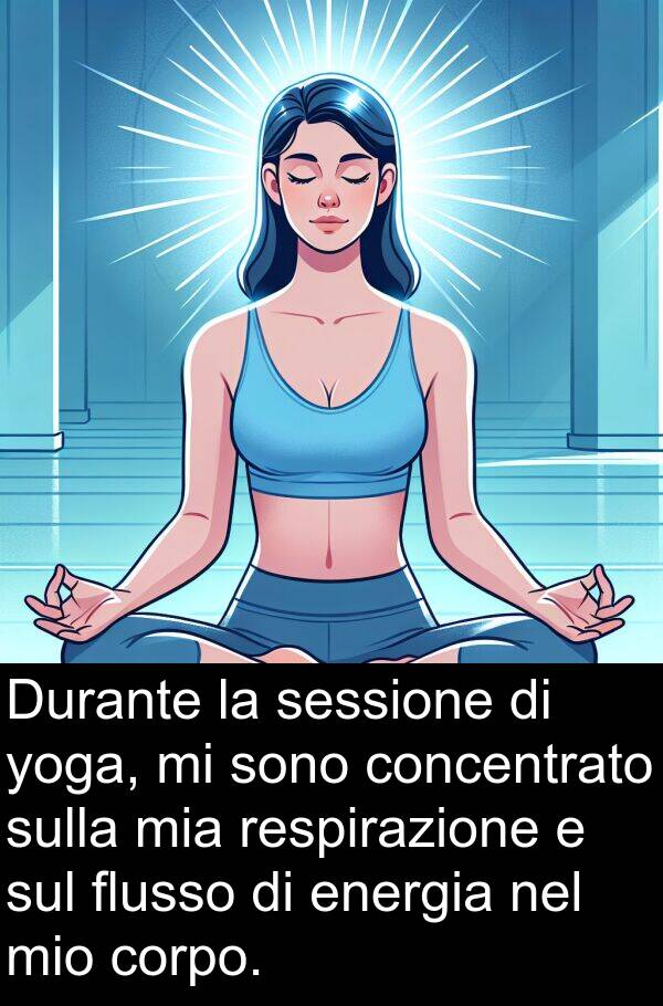 yoga: Durante la sessione di yoga, mi sono concentrato sulla mia respirazione e sul flusso di energia nel mio corpo.