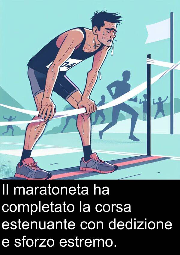 sforzo: Il maratoneta ha completato la corsa estenuante con dedizione e sforzo estremo.
