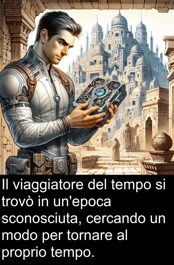 tornare: Il viaggiatore del tempo si trovò in un'epoca sconosciuta, cercando un modo per tornare al proprio tempo.