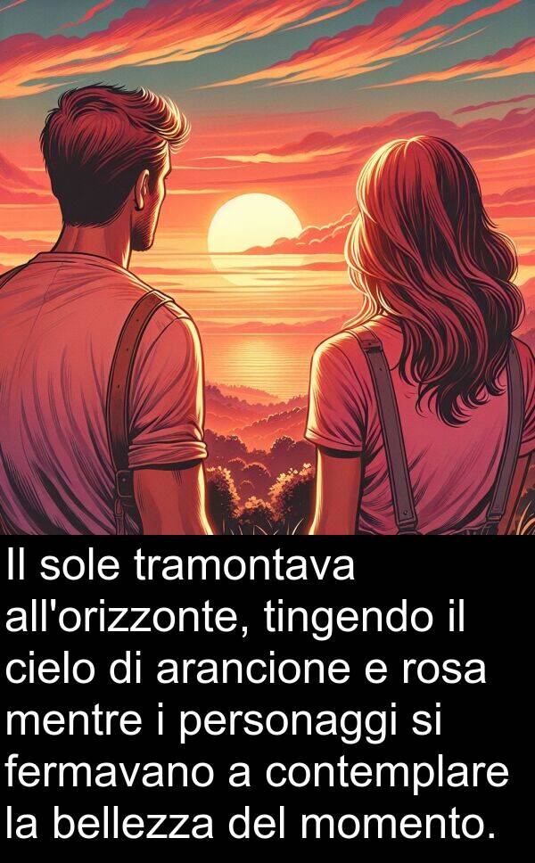 contemplare: Il sole tramontava all'orizzonte, tingendo il cielo di arancione e rosa mentre i personaggi si fermavano a contemplare la bellezza del momento.