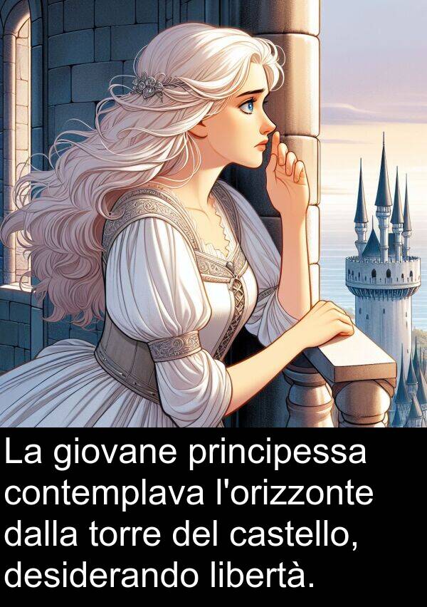 dalla: La giovane principessa contemplava l'orizzonte dalla torre del castello, desiderando libertà.
