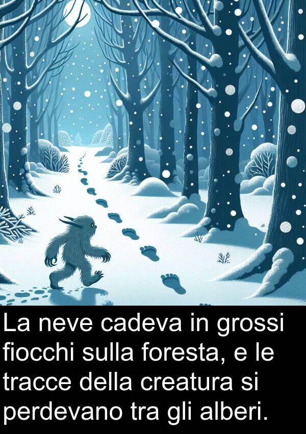 foresta: La neve cadeva in grossi fiocchi sulla foresta, e le tracce della creatura si perdevano tra gli alberi.
