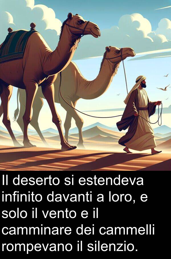 davanti: Il deserto si estendeva infinito davanti a loro, e solo il vento e il camminare dei cammelli rompevano il silenzio.