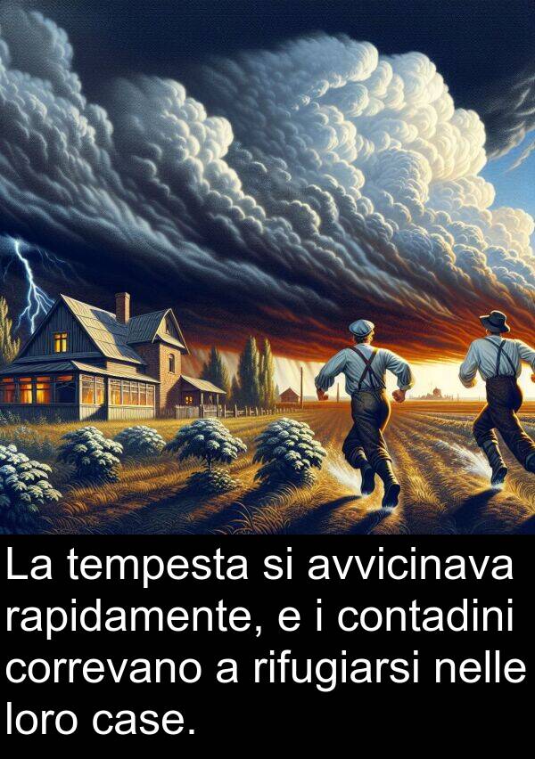 rapidamente: La tempesta si avvicinava rapidamente, e i contadini correvano a rifugiarsi nelle loro case.