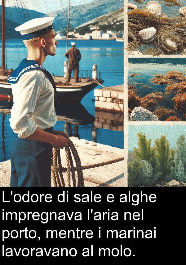 lavoravano: L'odore di sale e alghe impregnava l'aria nel porto, mentre i marinai lavoravano al molo.