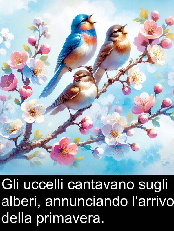 sugli: Gli uccelli cantavano sugli alberi, annunciando l'arrivo della primavera.
