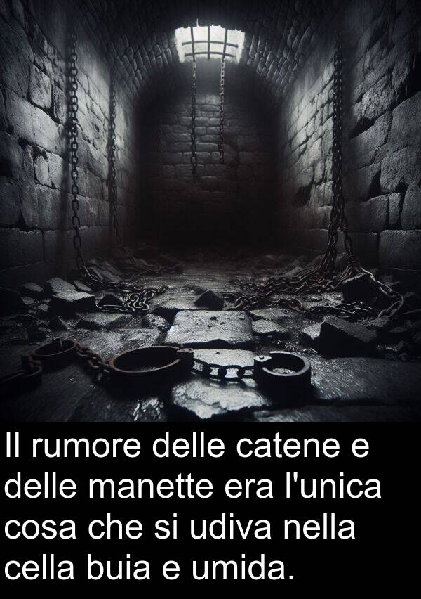 cosa: Il rumore delle catene e delle manette era l'unica cosa che si udiva nella cella buia e umida.