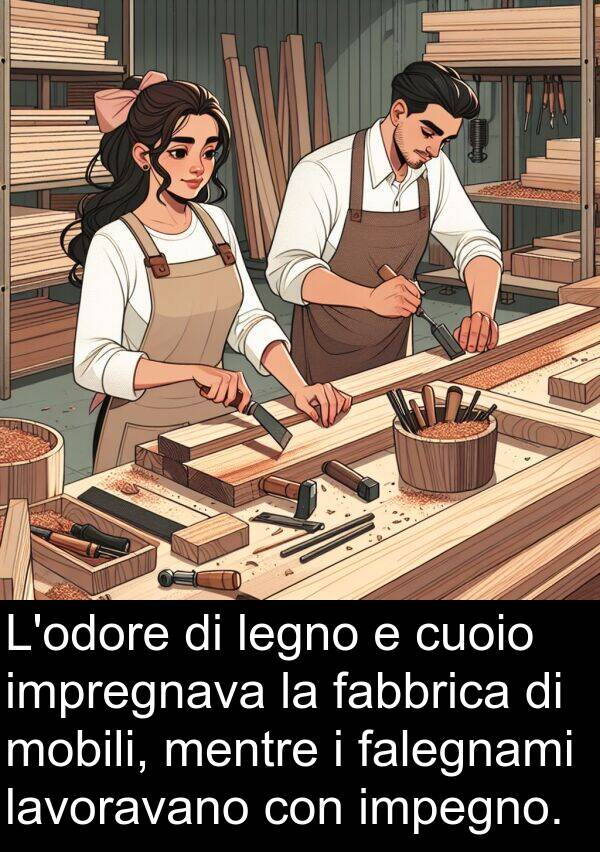 cuoio: L'odore di legno e cuoio impregnava la fabbrica di mobili, mentre i falegnami lavoravano con impegno.