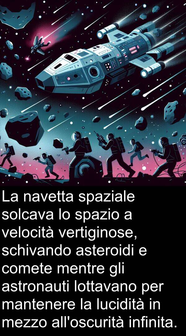 lucidità: La navetta spaziale solcava lo spazio a velocità vertiginose, schivando asteroidi e comete mentre gli astronauti lottavano per mantenere la lucidità in mezzo all'oscurità infinita.