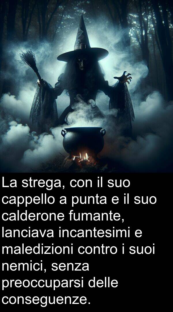 calderone: La strega, con il suo cappello a punta e il suo calderone fumante, lanciava incantesimi e maledizioni contro i suoi nemici, senza preoccuparsi delle conseguenze.